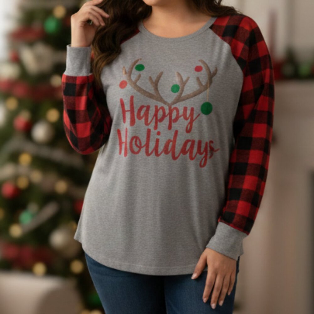 Christmas Tee -  Holidays Long Sleeve Top - Buffalo Plaid  Sleeves -  Women’s 1X